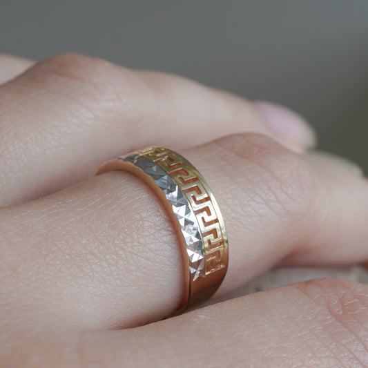 10k Two-tone gold greek key band ring-15997