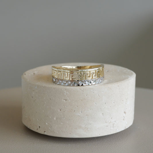 10k Two-tone gold greek key band ring-15997
