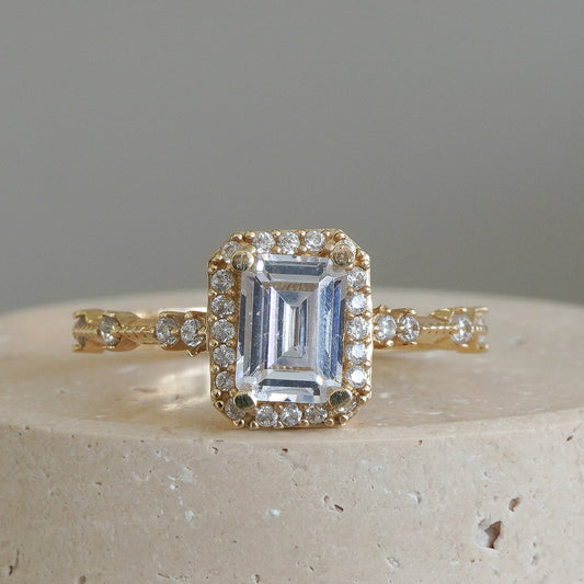 14k Yellow gold solitaire Emerald cut cubic zirconia ring-16157
